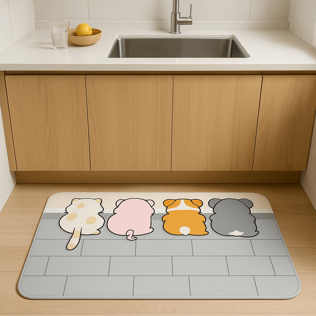 Tappeto cucina in diatomite con disegno "Zampette Corte Dolcissime" – Antiscivolo, assorbente e facile da pulire