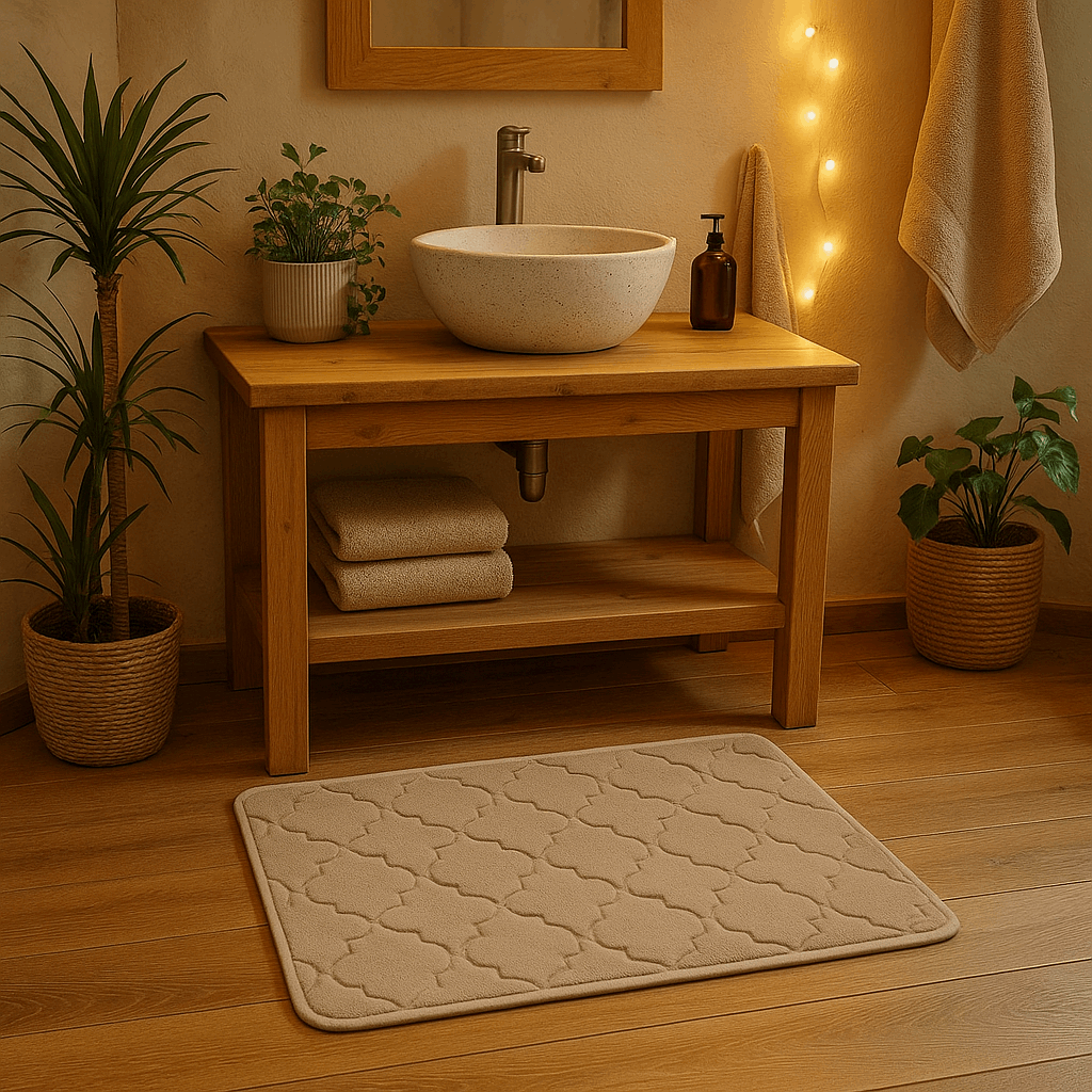 Tappeto da bagno beige a righe 40 x 60cm – Morbido, assorbente e antiscivolo