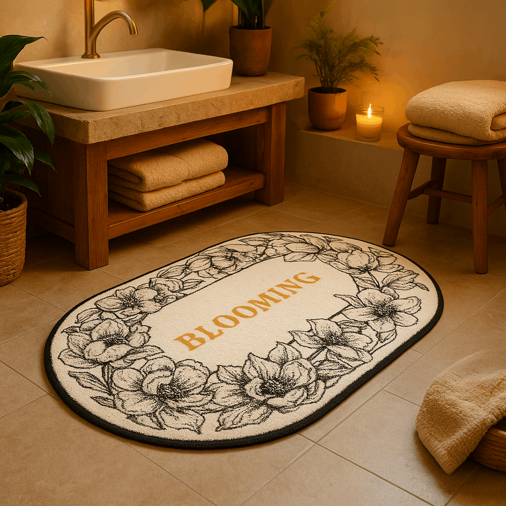 Tappeto da bagno design ovale “Blooming” – Floreale moderno in bianco e nero