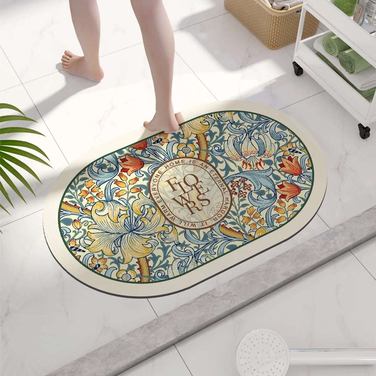 Tappeto da bagno rotondo con motivo floreale – Antiscivolo, assorbente e decorativo