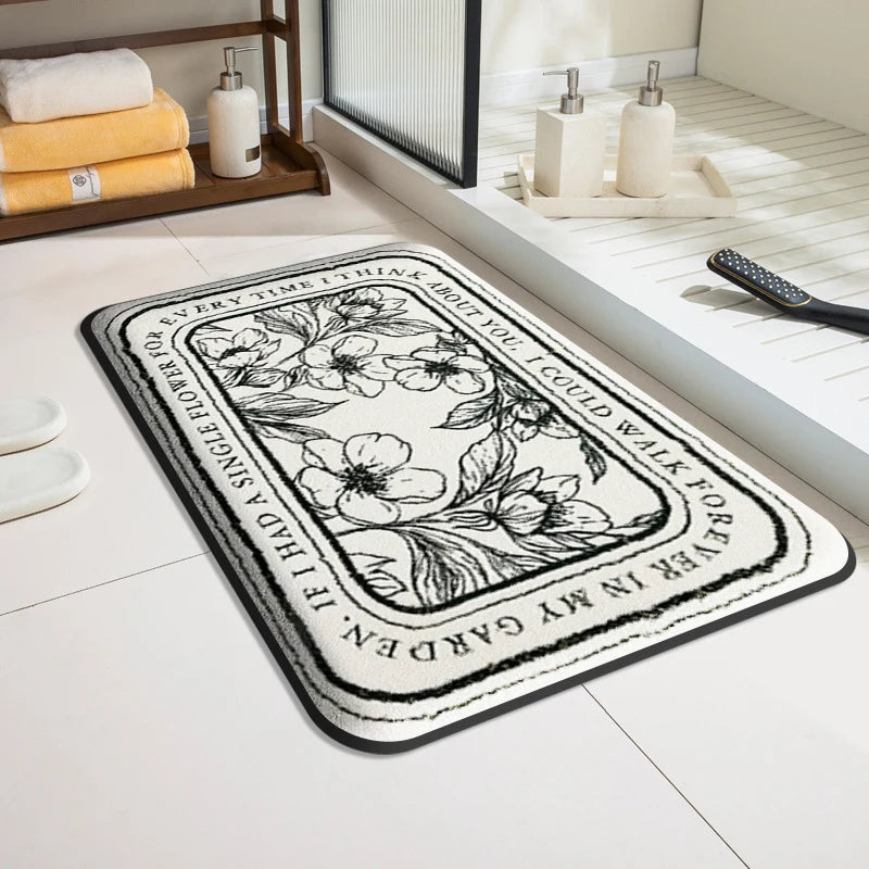 Tappeto da bagno design floreale rettangolare – Eleganza in bianco e nero - Tappeti bagno e cucina