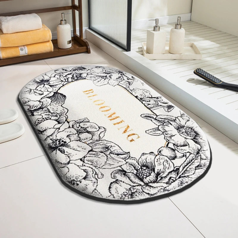 Tappeto da bagno design ovale “Blooming” – Floreale moderno in bianco e nero - Tappeti bagno e cucina