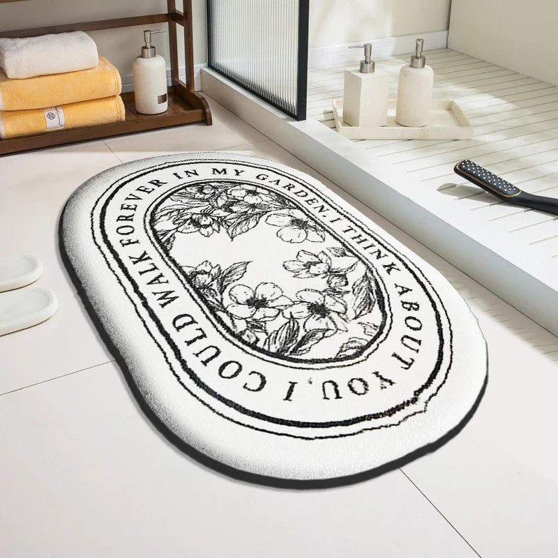 Tappeto da bagno design ovale con fiori – Stile raffinato monocromatico - Tappeti bagno e cucina