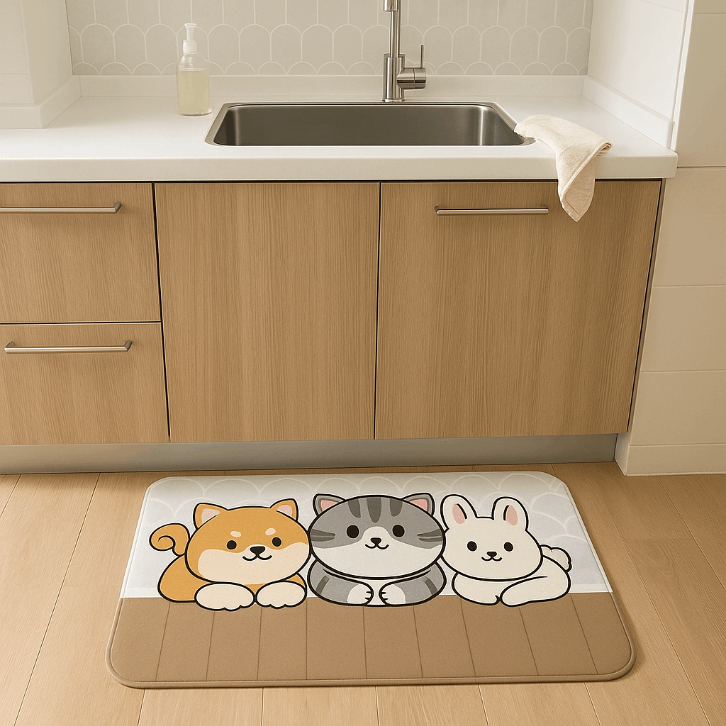 Tappeto cucina in diatomite con disegno "Amici a Quattro Zampe" – Antiscivolo, assorbente e facile da pulire