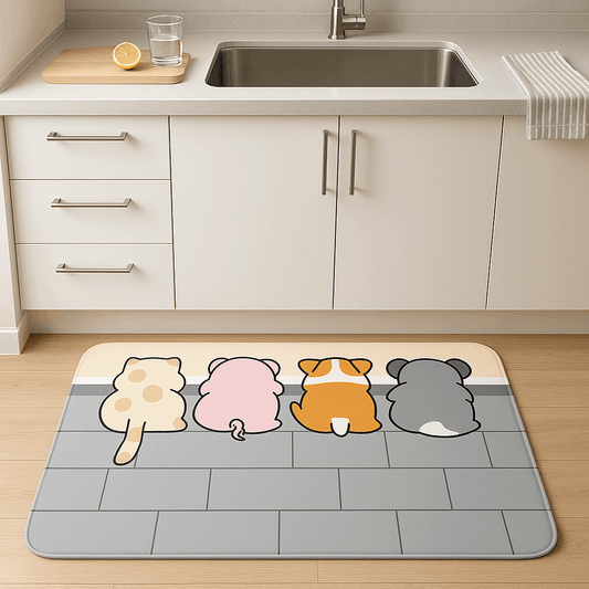 Tappeto cucina in diatomite con disegno "Zampette Corte Dolcissime" – Antiscivolo, assorbente e facile da pulire