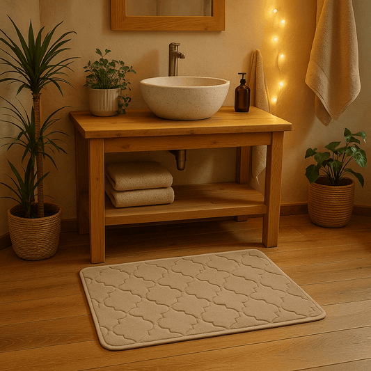 Tappeto da bagno beige a righe 40 x 60cm – Morbido, assorbente e antiscivolo