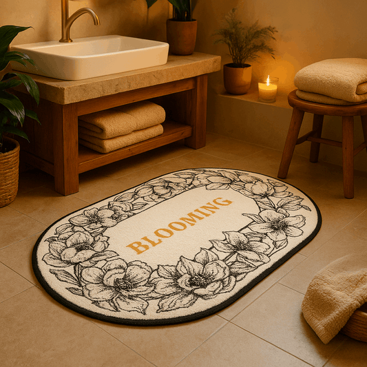 Tappeto da bagno design ovale “Blooming” – Floreale moderno in bianco e nero