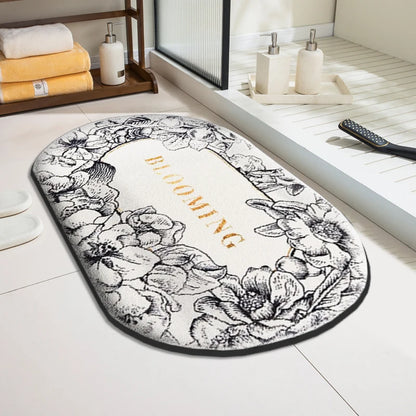Tappeto da bagno design ovale “Blooming” – Floreale moderno in bianco e nero - Tappeti bagno e cucina